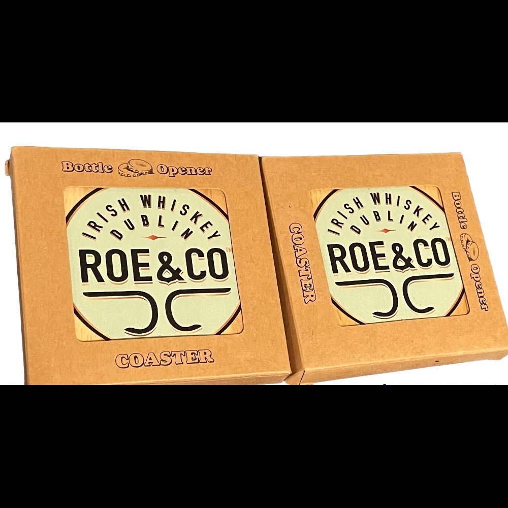 Irish Whiskey Roe & Co Coaster/Bottle Openers Lot Of Two Wooden Coasters